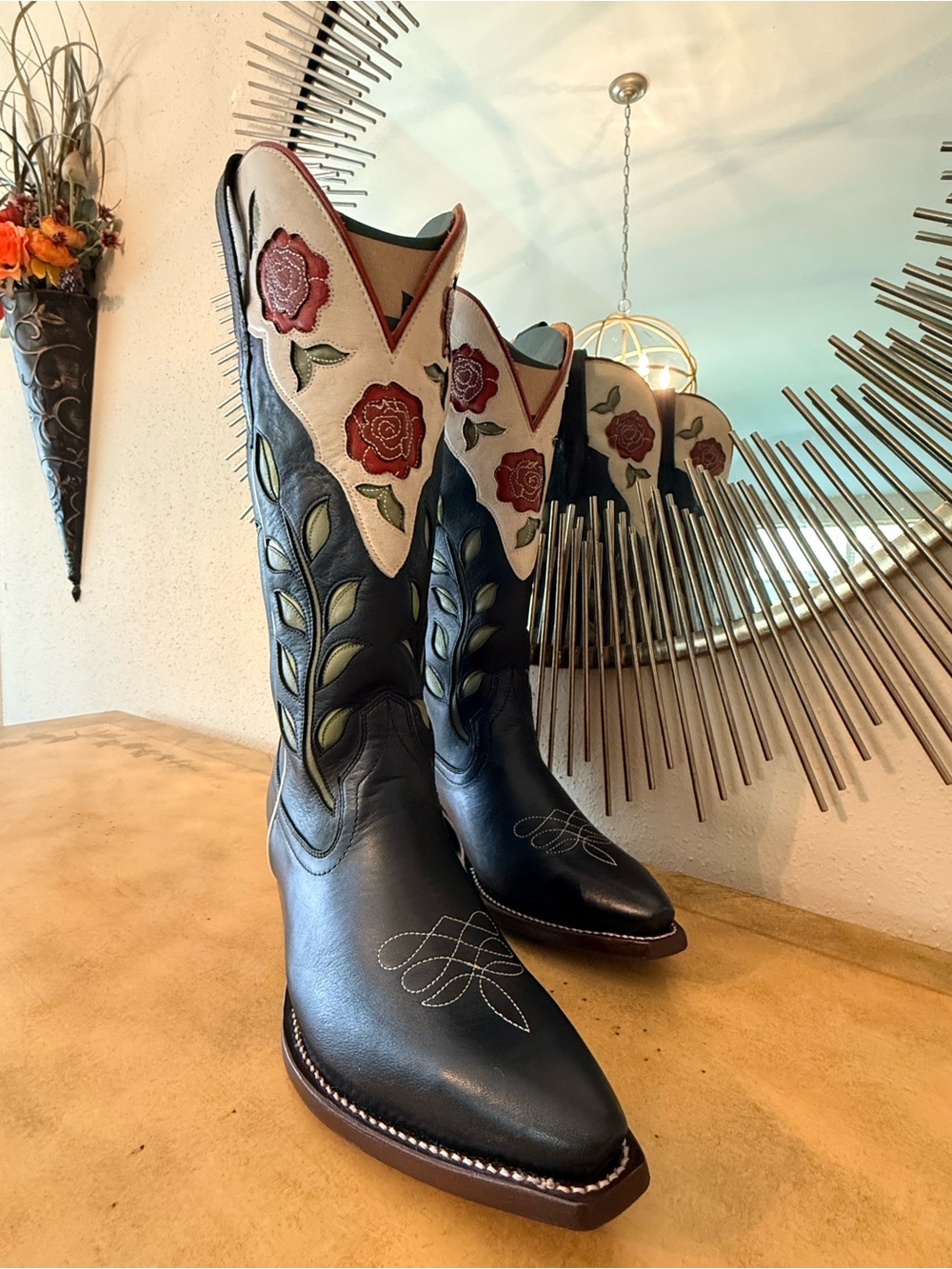Tecovas Black Leather Women's Cowboy Boots with Red Rose Embroidery scarf. - Picture 2 of 16